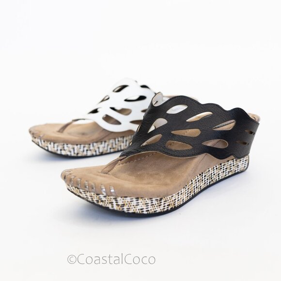 Modzori Troya Reversible Sandals 9 Wedge Thong Black/White Cutout Bohemian Artsy - Picture 2 of 10